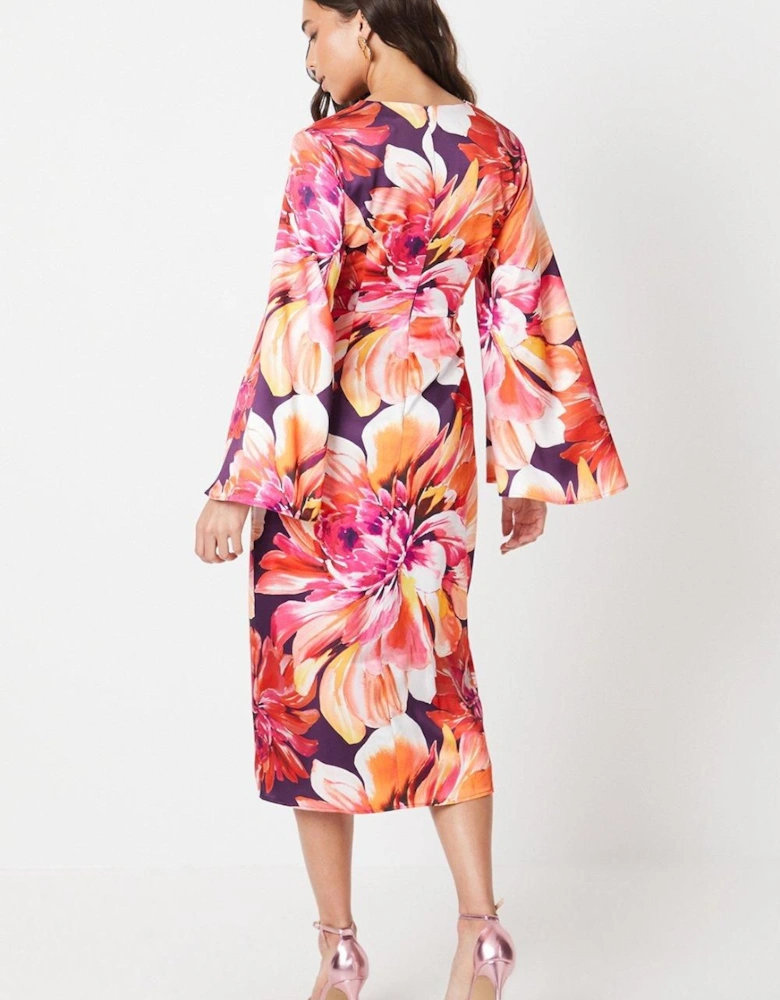 Petite Printed Satin Wrap Dress With Flare Sleeve