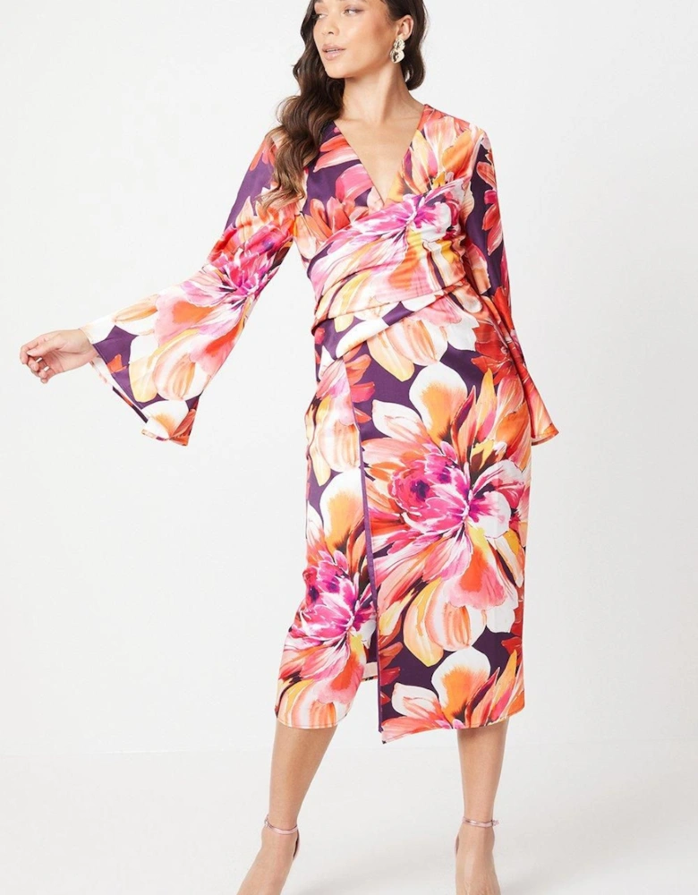 Petite Printed Satin Wrap Dress With Flare Sleeve