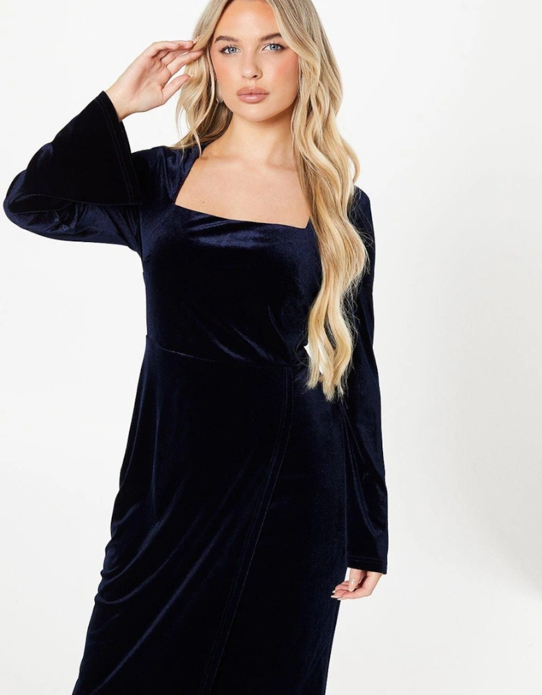 Petite Velvet Square Neck Long Sleeve Pencil Dress