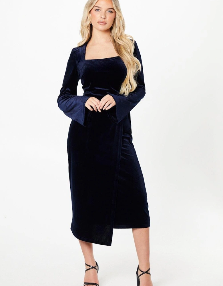 Petite Velvet Square Neck Long Sleeve Pencil Dress