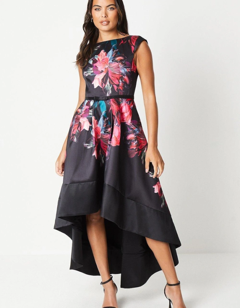 Printed Satin Twill High Low Dress