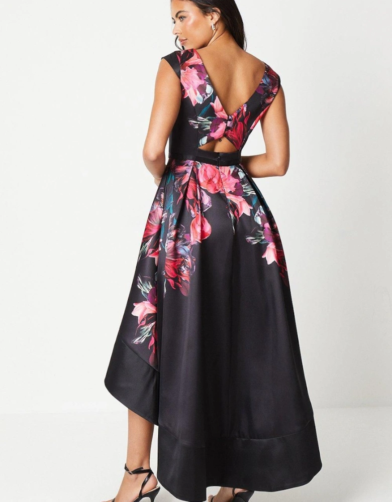 Printed Satin Twill High Low Dress