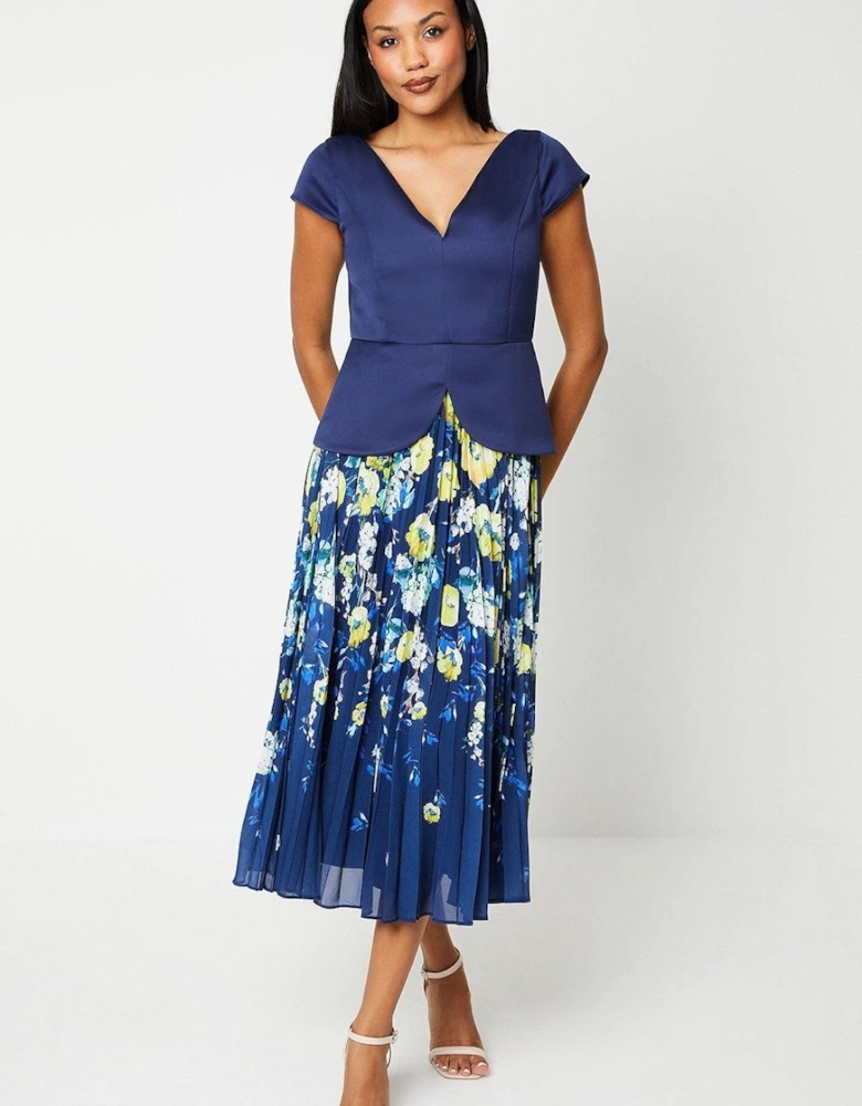 Printed Skirt V Neck Midi Wedding Guest Dress