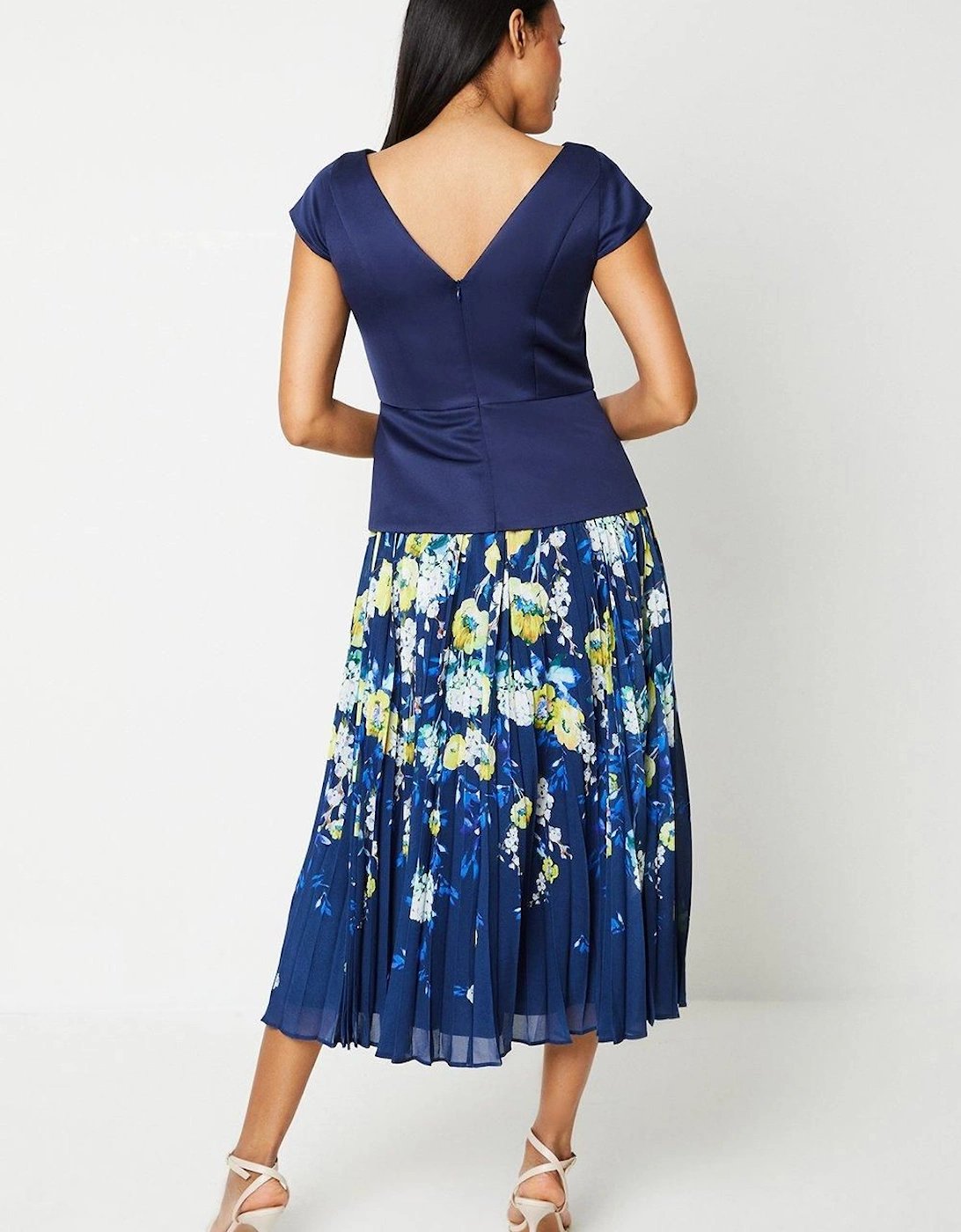 Printed Skirt V Neck Midi Wedding Guest Dress