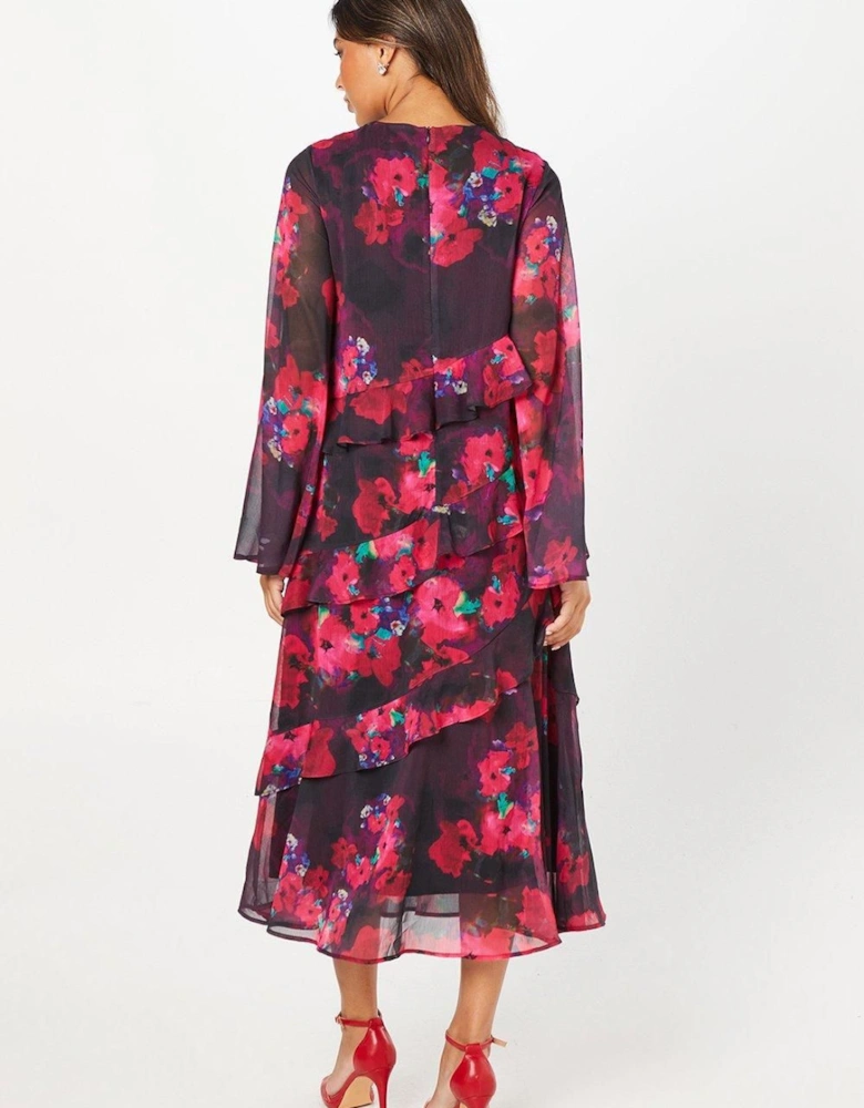 Printed Long Sleeve Chiffon Midi Wedding Guest Dress