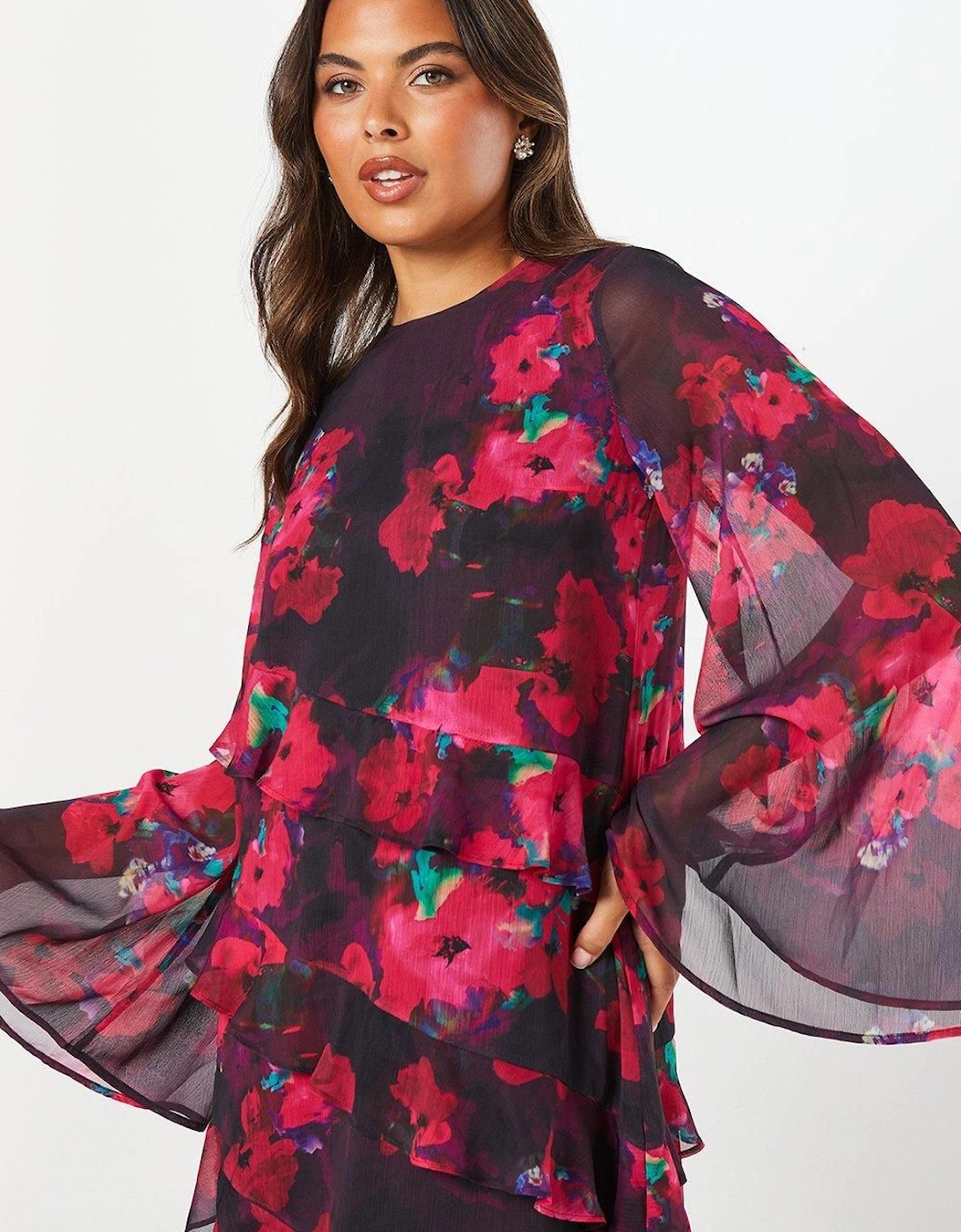 Printed Long Sleeve Chiffon Midi Wedding Guest Dress