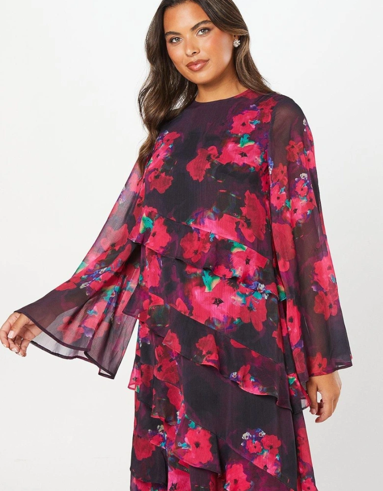 Printed Long Sleeve Chiffon Midi Wedding Guest Dress