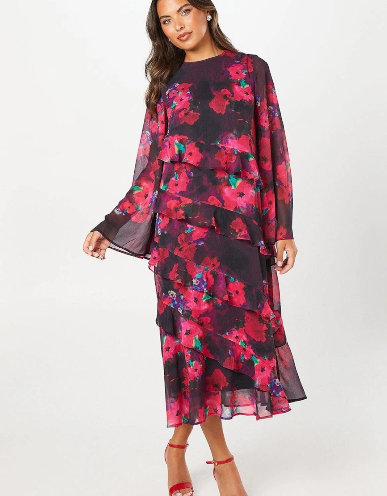 Printed Long Sleeve Chiffon Midi Wedding Guest Dress