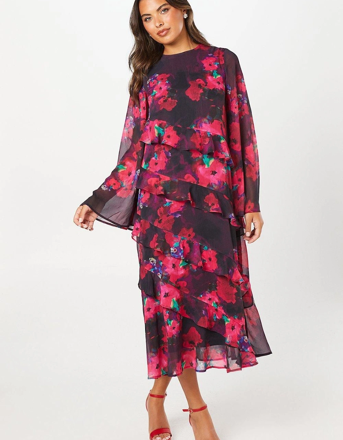 Printed Long Sleeve Chiffon Midi Wedding Guest Dress, 6 of 5