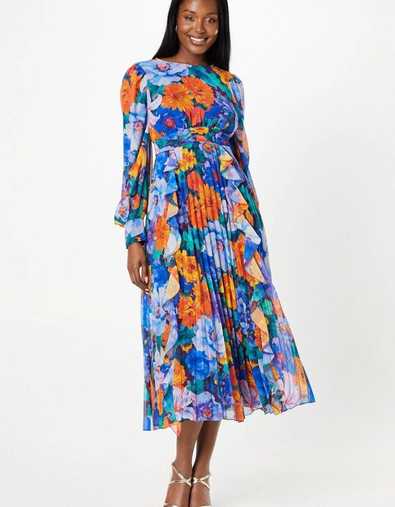 Printed Ruffle And Pleated Midi Wedding Guest Dress With Blouson Sleeve