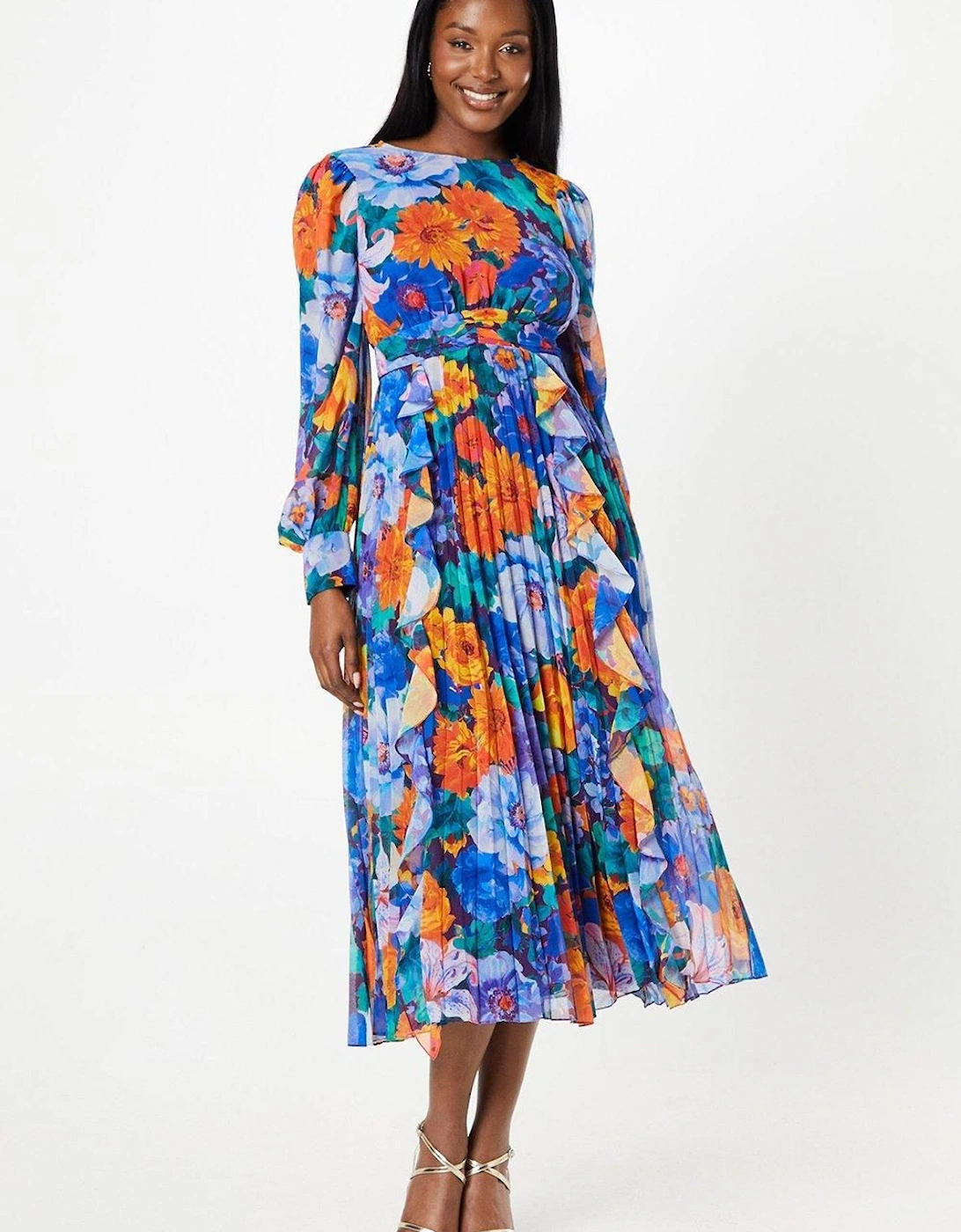 Printed Ruffle And Pleated Midi Wedding Guest Dress With Blouson Sleeve, 6 of 5