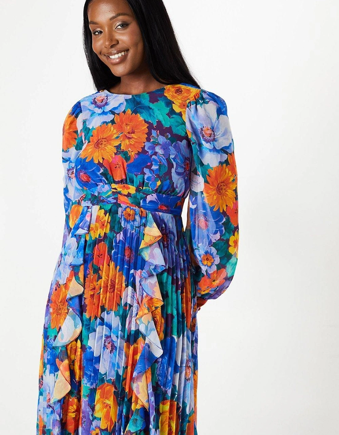 Printed Ruffle And Pleated Midi Wedding Guest Dress With Blouson Sleeve