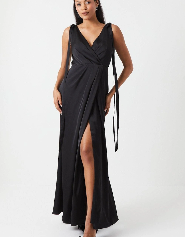 Tie Shoulder Ruched Skirt Satin Bridesmaid Maxi Dress