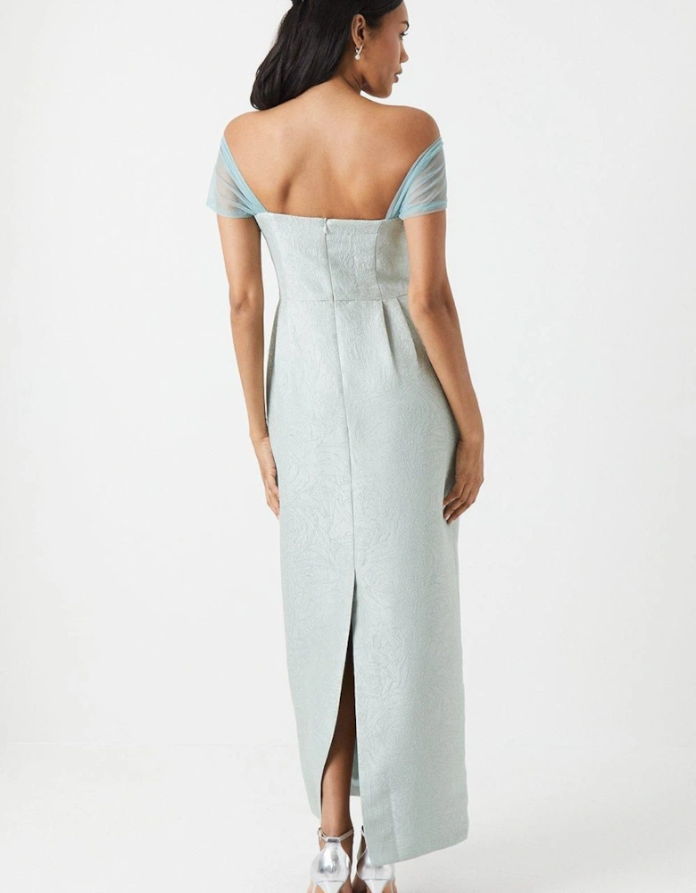 Jacquard Drape Shoulder Maxi Bridesmaid Dress