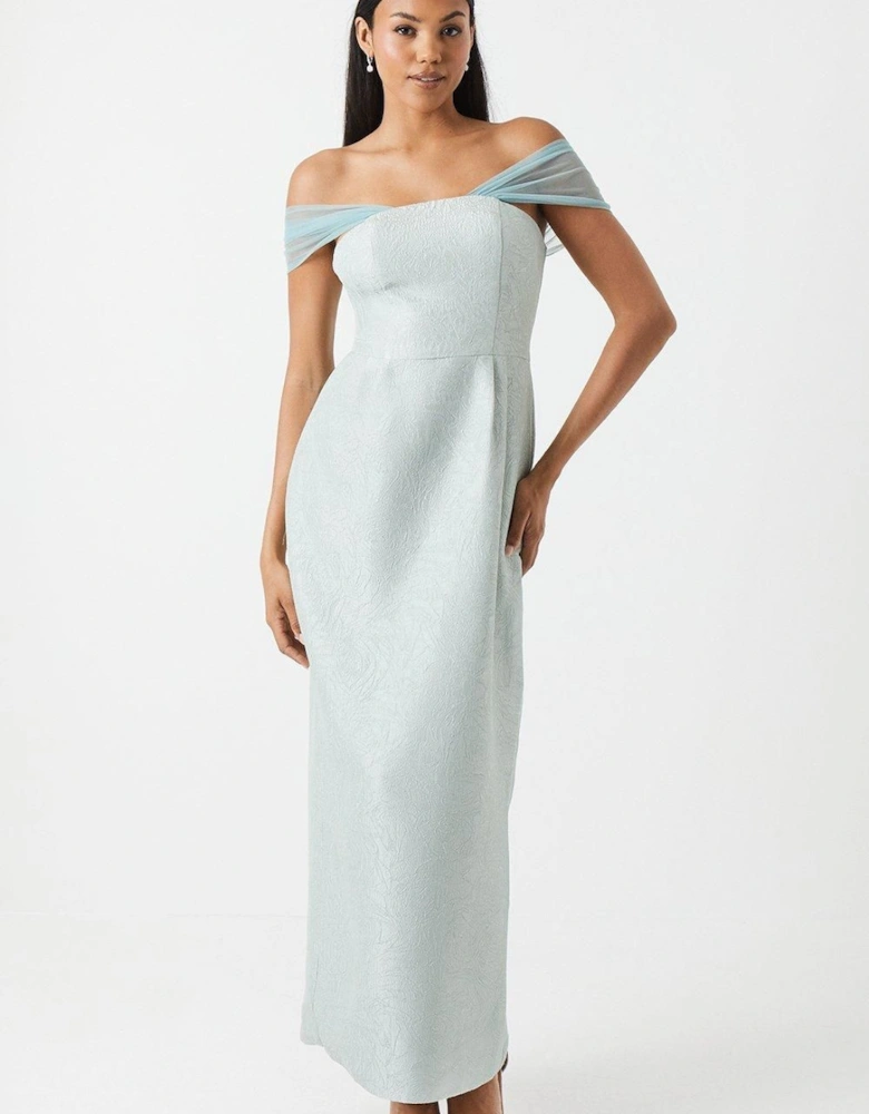 Jacquard Drape Shoulder Maxi Bridesmaid Dress