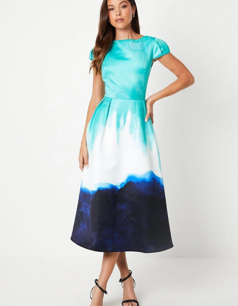 Placement Print Puff Sleeve Satin Midi Wedding Guest Dress