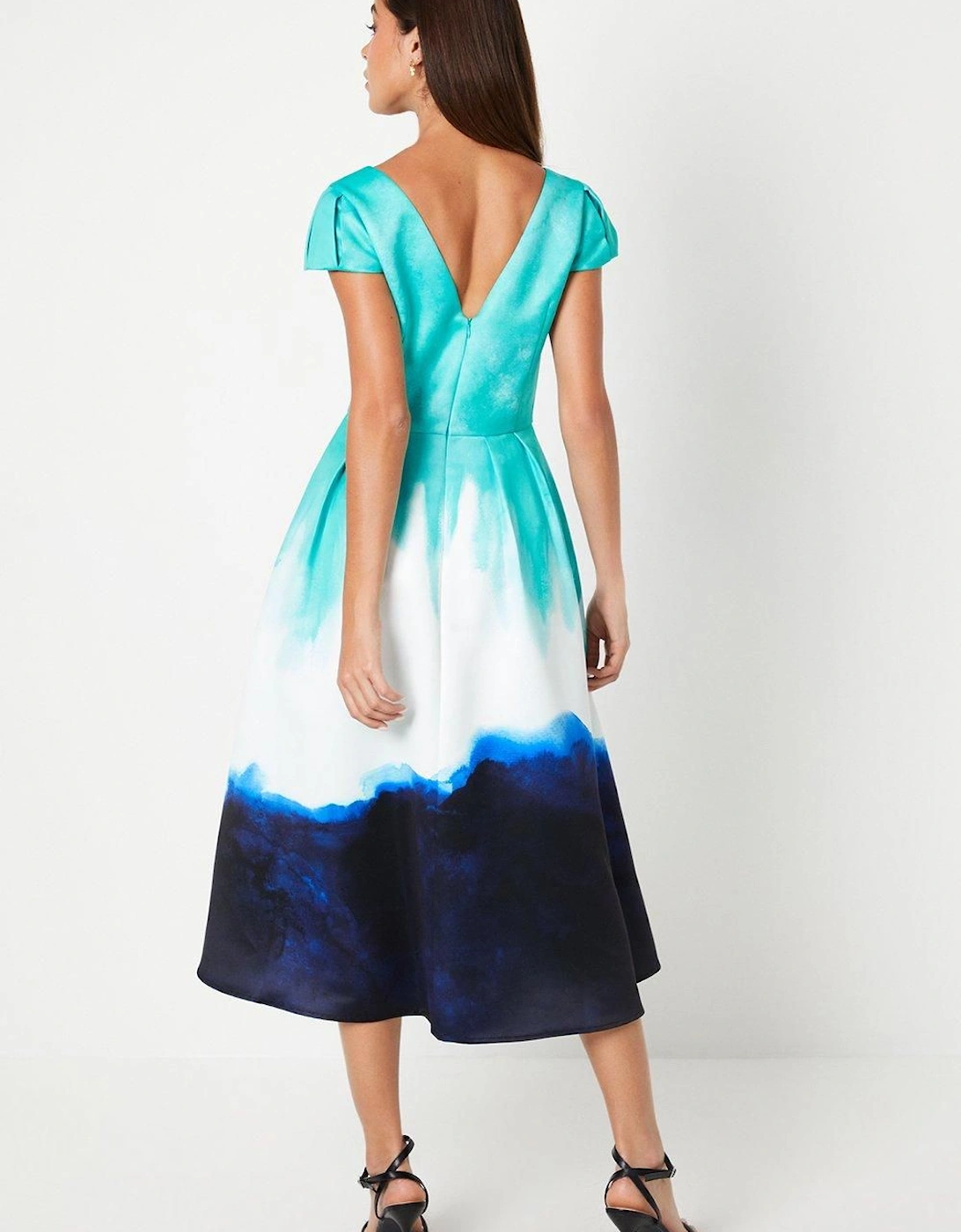 Placement Print Puff Sleeve Satin Midi Wedding Guest Dress