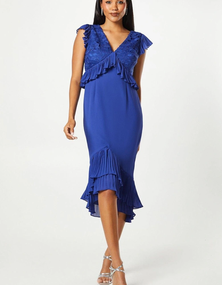 V Neck Pleated Ruffle Georgette Midi Wedding Guest Dress