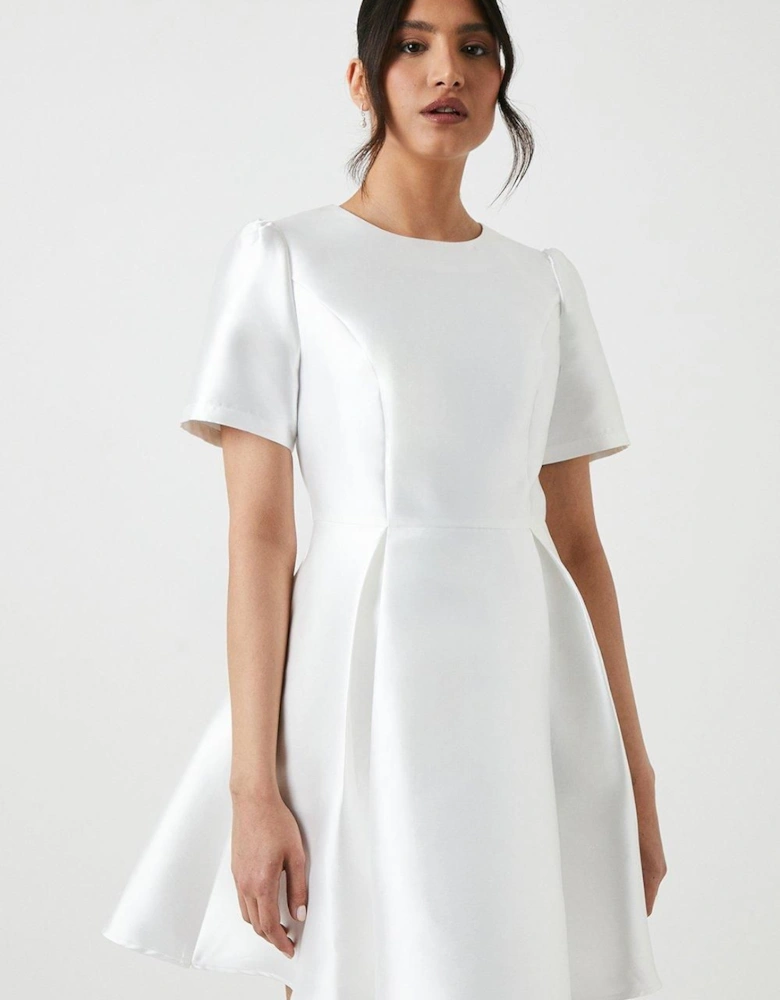 Full Skirted Short Sleeve Twill Mini Wedding Dress