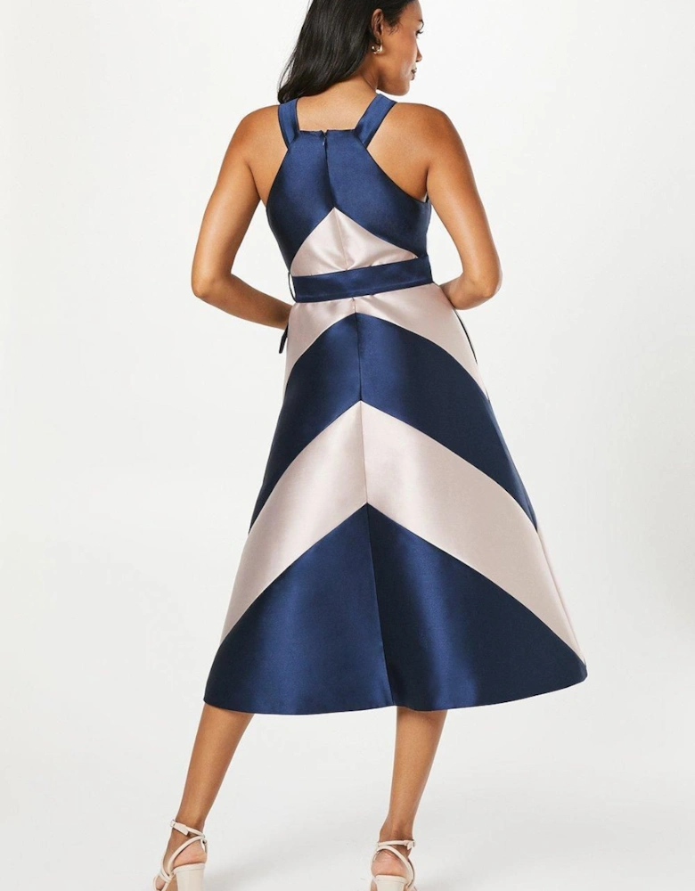 Panelled Colour Block Satin Twill Midi Wedding Guest Dress