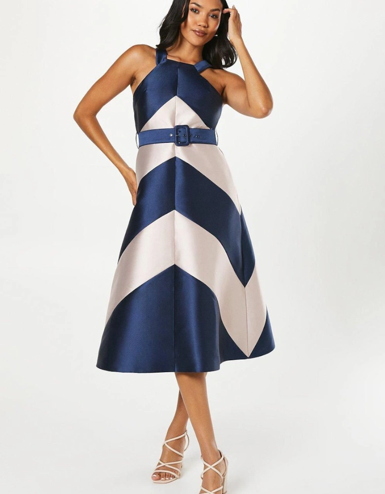 Panelled Colour Block Satin Twill Midi Wedding Guest Dress