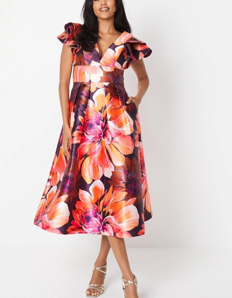 Frill Shoulder Plunge Twill Midi Wedding Guest Dress