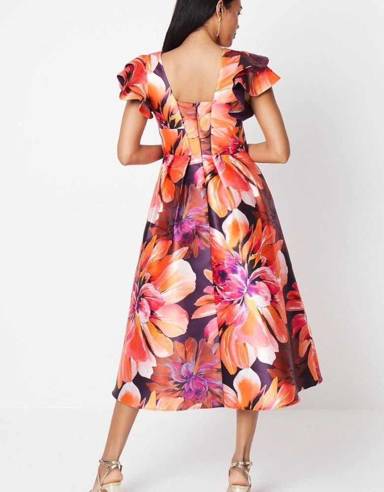 Frill Shoulder Plunge Twill Midi Wedding Guest Dress