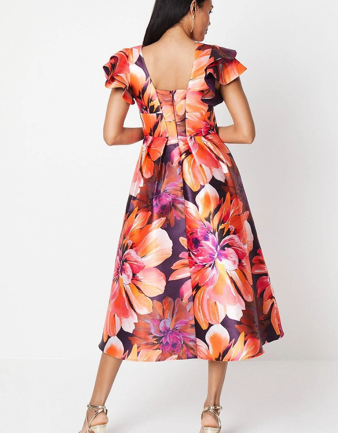 Frill Shoulder Plunge Twill Midi Wedding Guest Dress