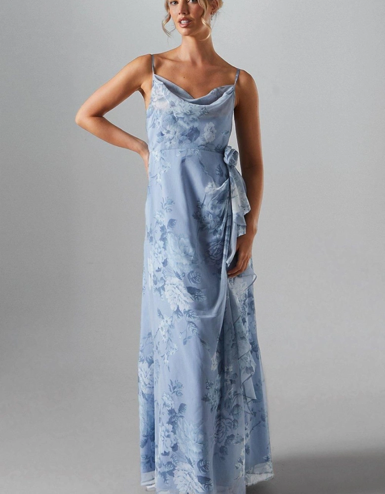 Printed Cowl Neck Ruffle Skirt Corsage Georgette Bridesmaid Dress