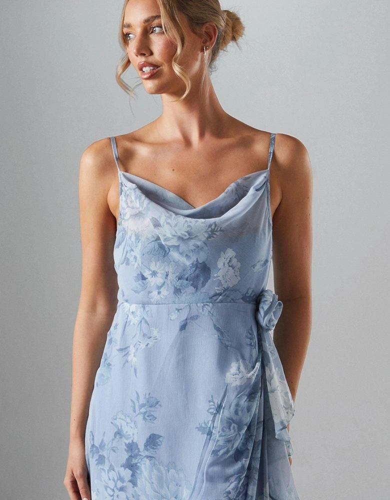 Printed Cowl Neck Ruffle Skirt Corsage Georgette Bridesmaid Dress