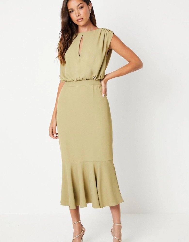 Drape Crepe Blouson Flute Hem Midi Wedding Guest Dress