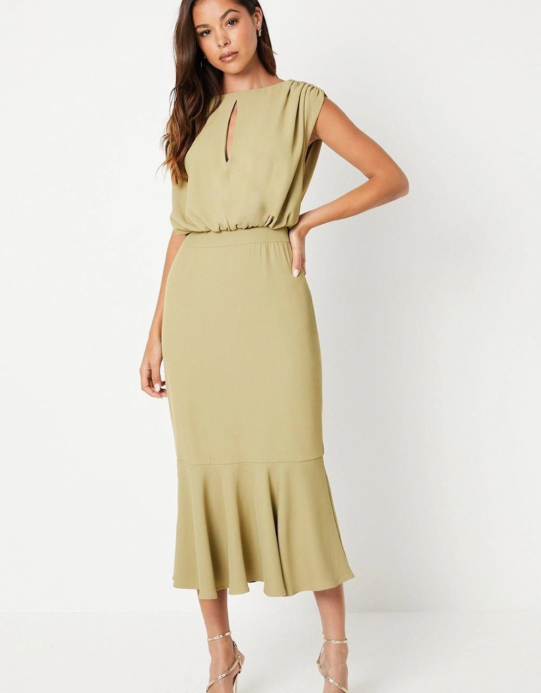 Drape Crepe Blouson Flute Hem Midi Wedding Guest Dress, 6 of 5