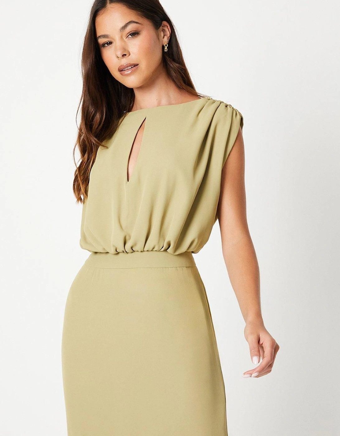 Drape Crepe Blouson Flute Hem Midi Wedding Guest Dress