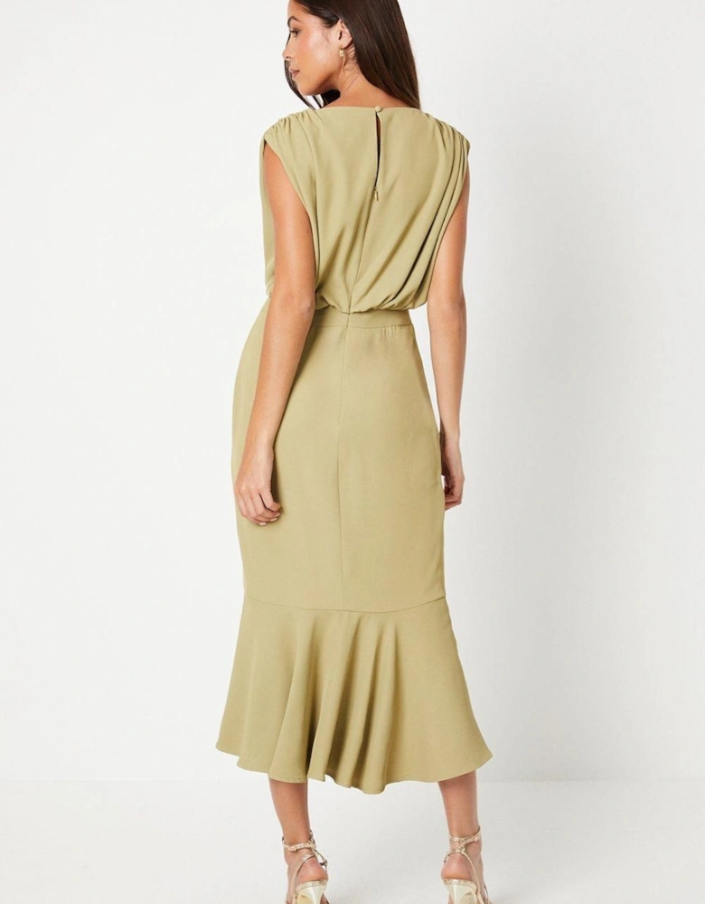 Drape Crepe Blouson Flute Hem Midi Wedding Guest Dress