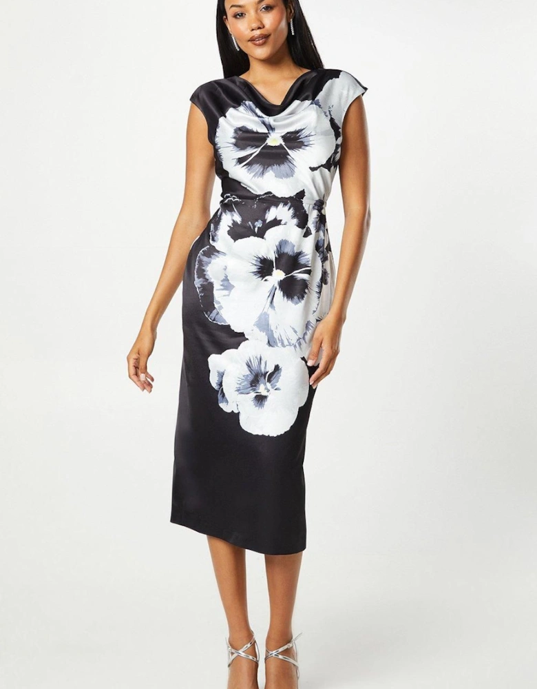 Large Scale Floral Print Cowl Neck Midi Wedding Guest Dress