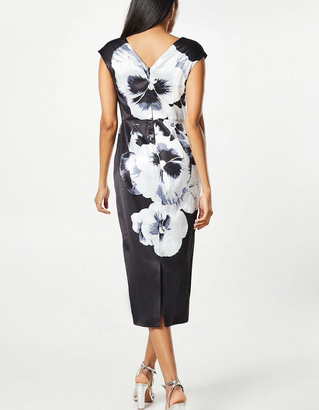 Large Scale Floral Print Cowl Neck Midi Wedding Guest Dress