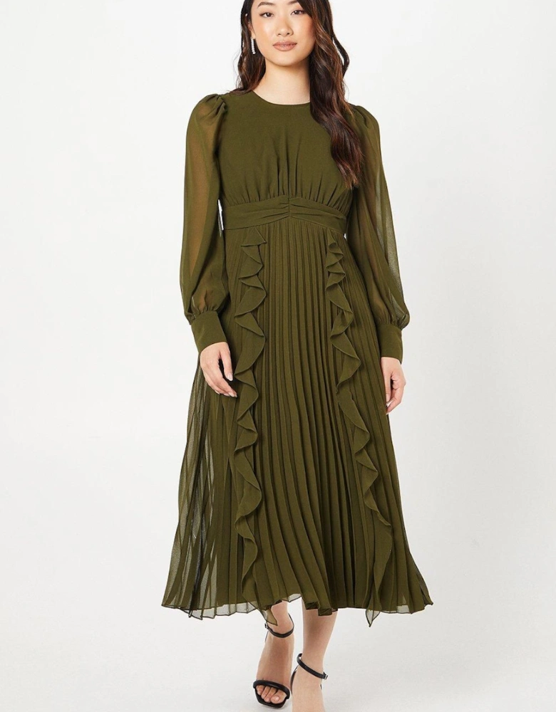 Chiffon Long Sleeve Ruffle Midi Wedding Guest Dress