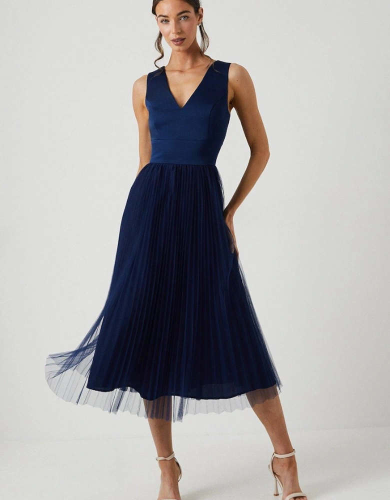 Satin Bodice Tulle Skirt Midi Bridesmaid Dress