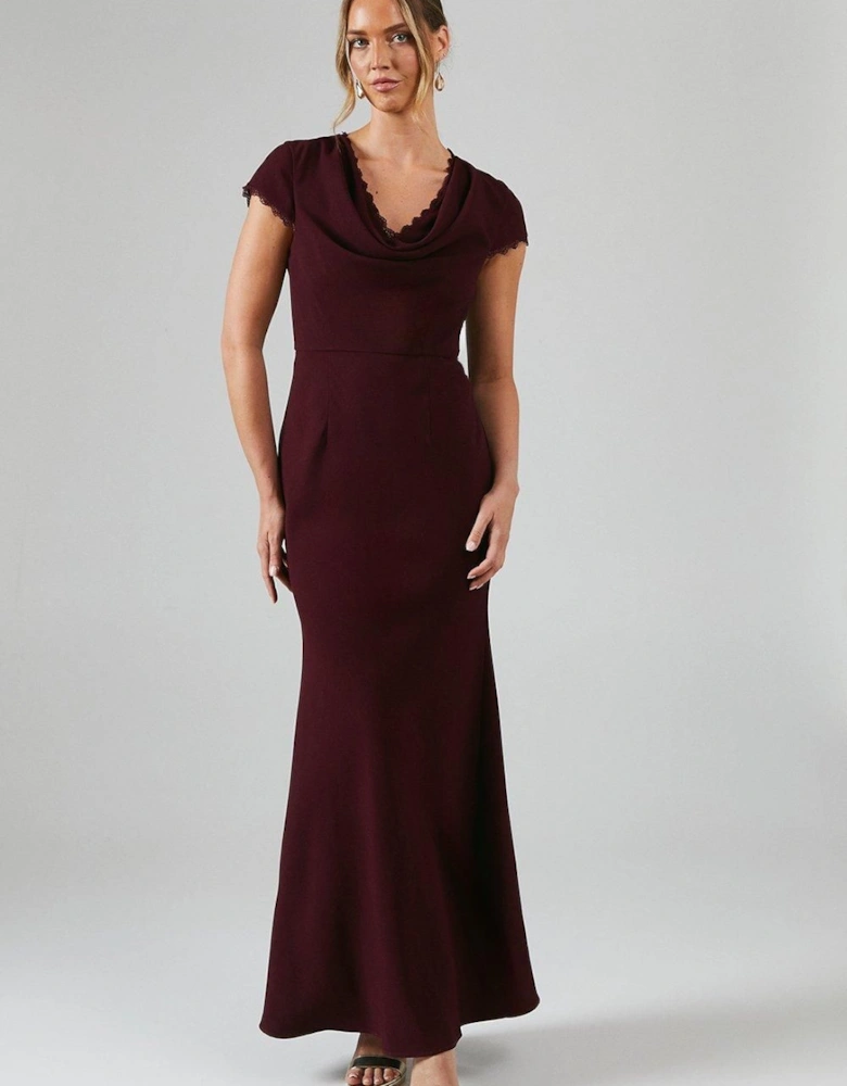 Cowl Front Lace Trim Maxi Bridesmaid Dress