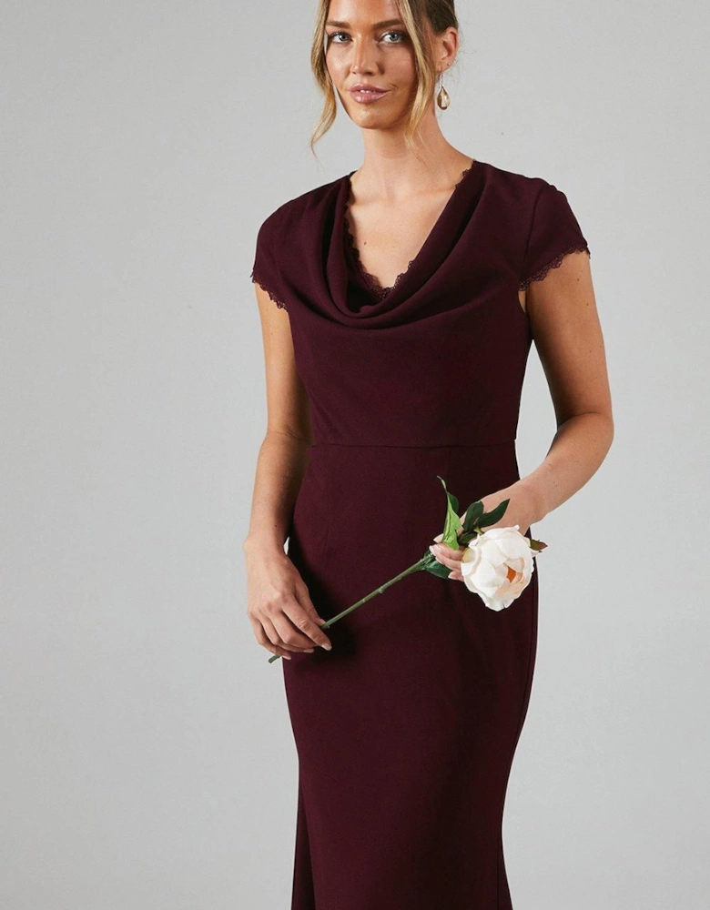 Cowl Front Lace Trim Maxi Bridesmaid Dress