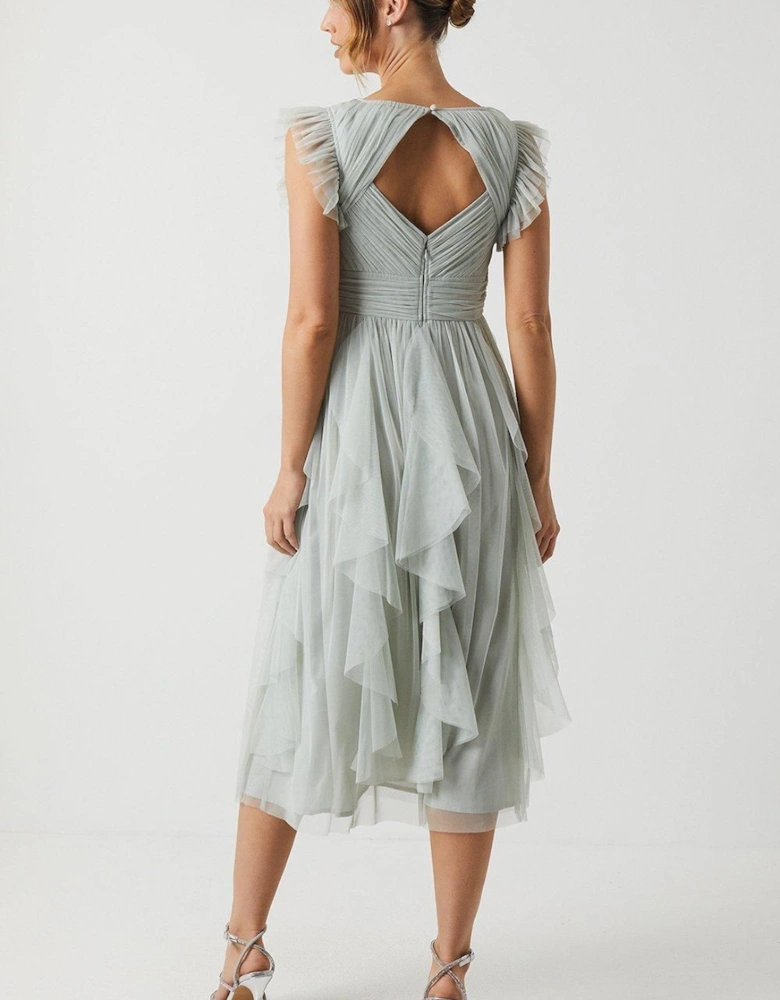 V Neck Ruffle Mesh Bridesmaid Midi Dress