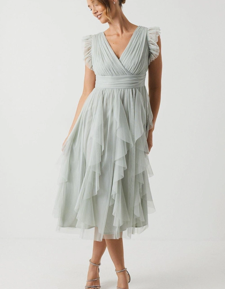 V Neck Ruffle Mesh Bridesmaid Midi Dress