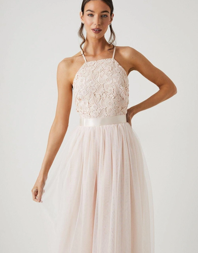 Square Neck Lace Bridesmaid Maxi Dress