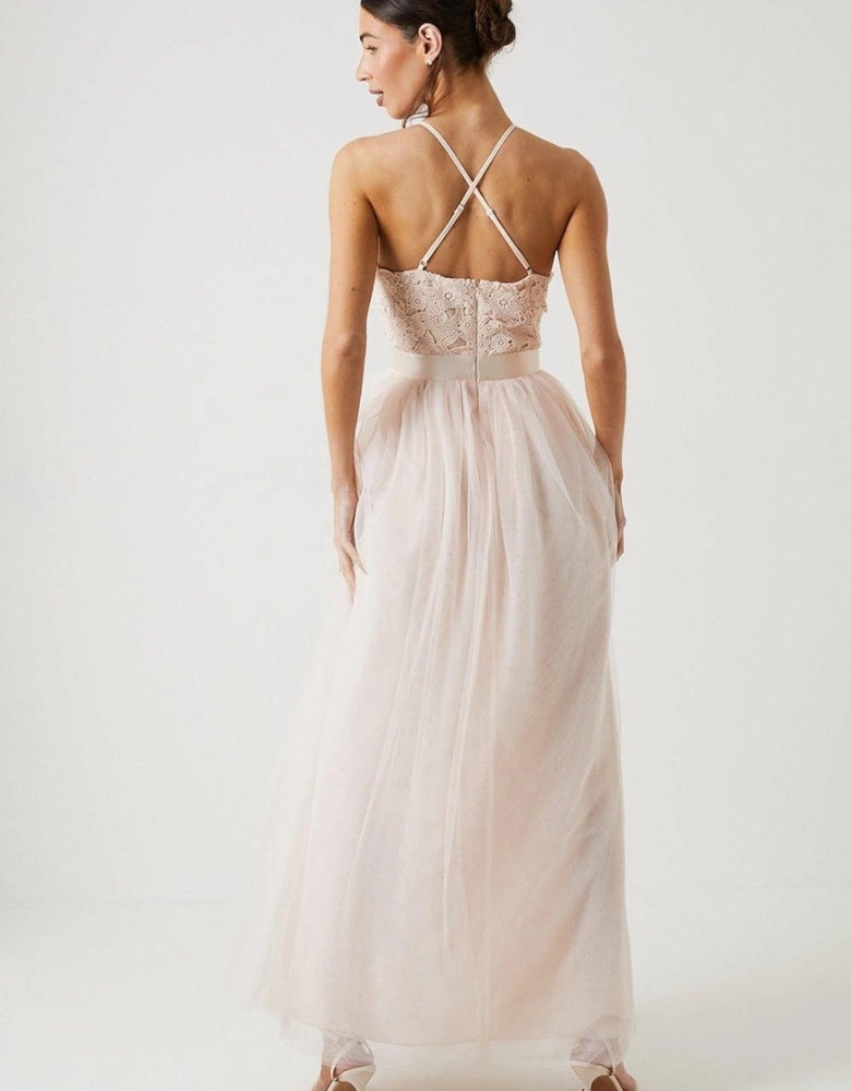 Square Neck Lace Bridesmaid Maxi Dress