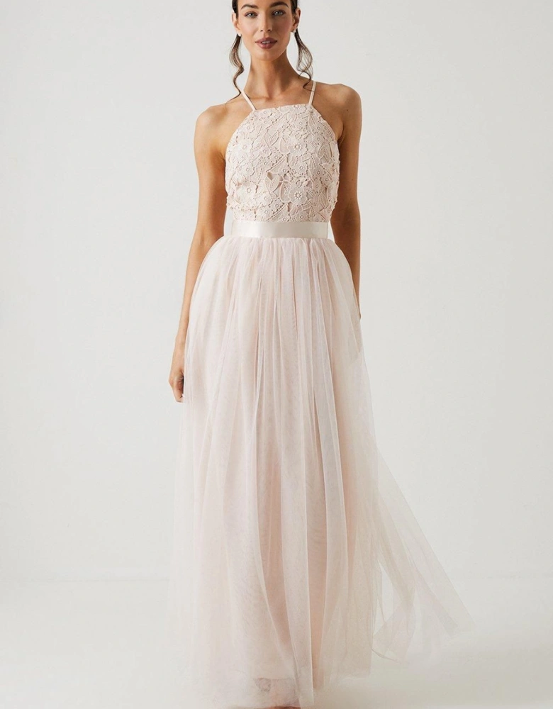 Square Neck Lace Bridesmaid Maxi Dress