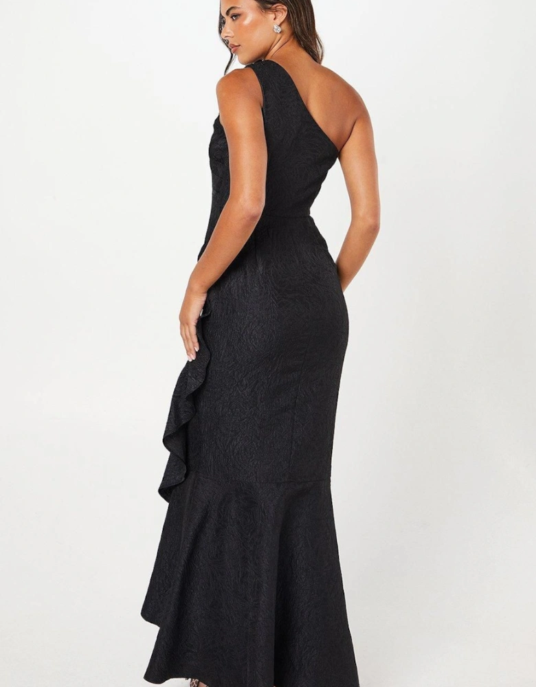 One Shoulder Ruffle Detail Jacquard Black Maxi Dress