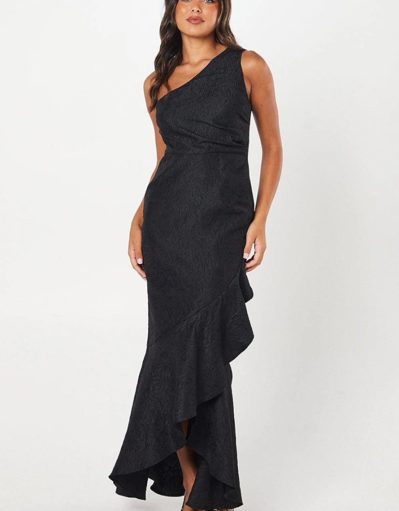 One Shoulder Ruffle Detail Jacquard Black Maxi Dress