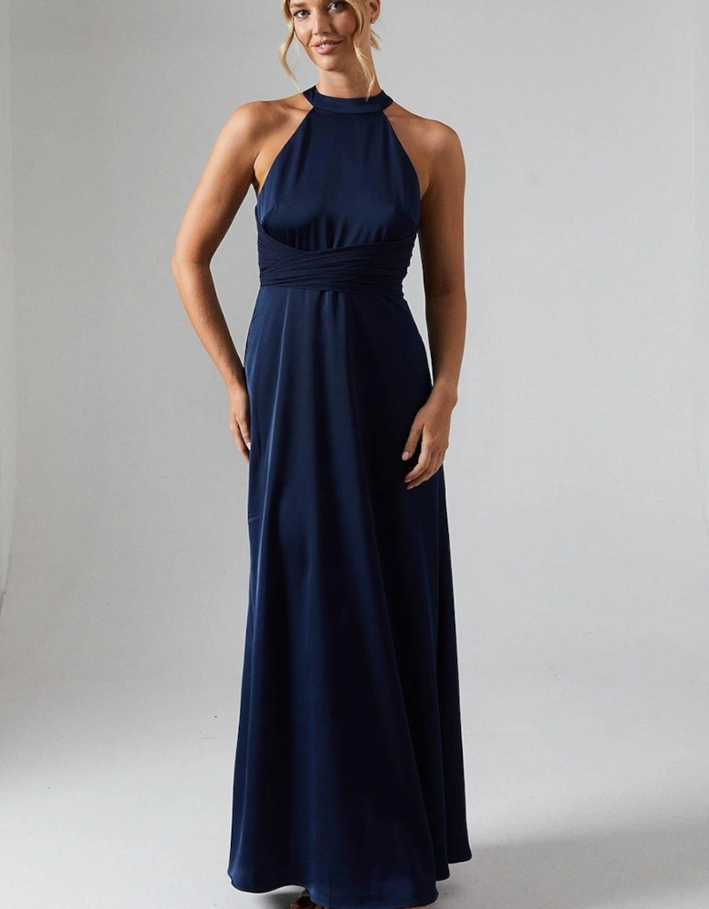 Wrap Waist Detail Satin Halter Neck Bridesmaid Dress