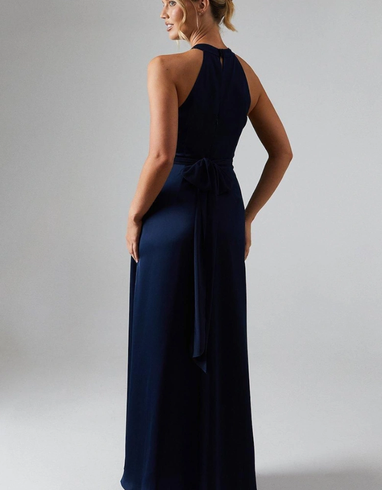 Wrap Waist Detail Satin Halter Neck Bridesmaid Dress