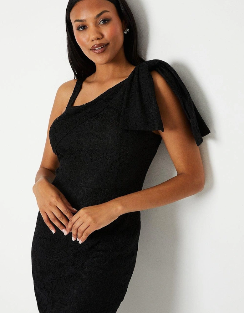 One Shoulder Bow Detail Lace Midi Dress